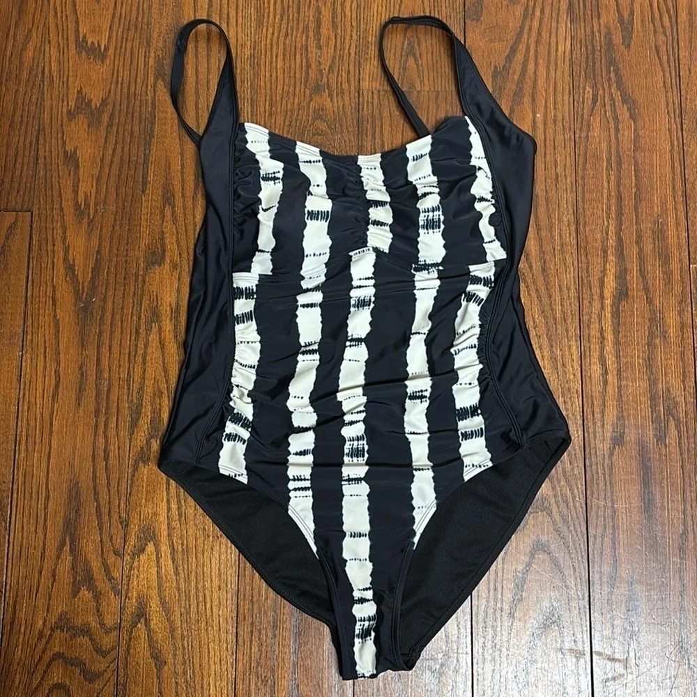 Heat Ladies Swimsuit Swim Suit Black With Off White Stripes Size XL